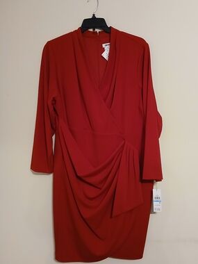 DKNY Brick Red Long Sleeve Draped Faux-Wrap Dress